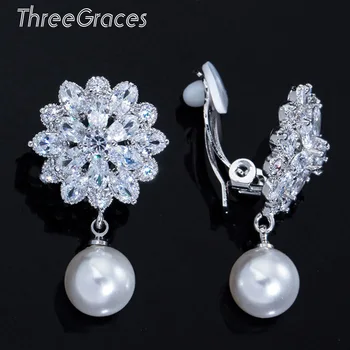 

ThreeGraces New Brand Women Silver Color Cubic Zirconia Crystal Big Pearl Flower Drop Clips no Pierced Ear Clips Earrings ER065