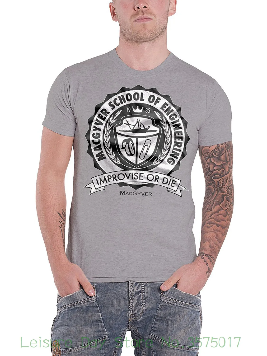 

Print T Shirt Men Macgyver Shirt School Of Engineering Improvise Or Die Official Heather Grey