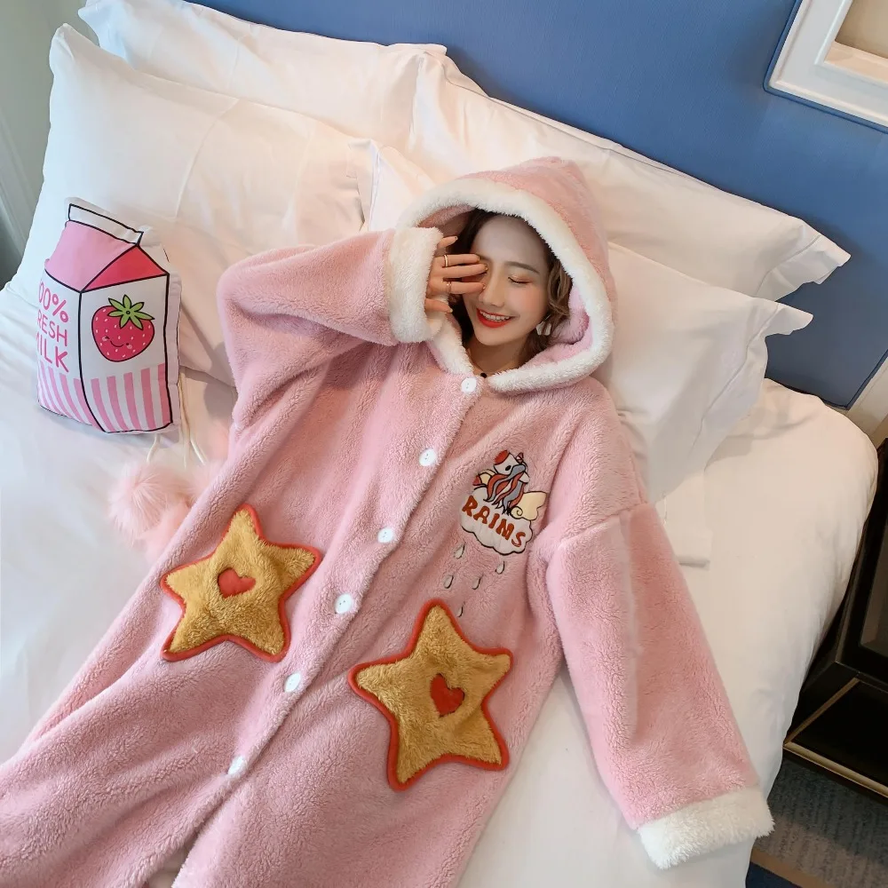 Winter Cute Warm Bathrobes Women Pink Hooded Long Bath Robe Ladies Dressing Soft Gown Kawaii Stars Pockets Robes Female