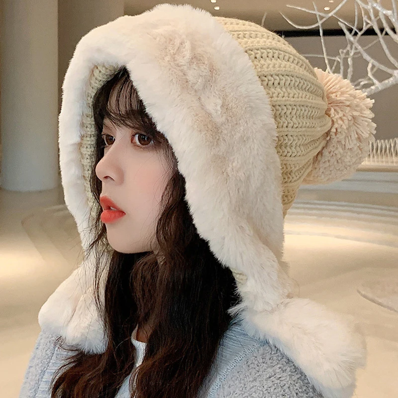 Woman Winter Faux Fur Knit Bomber Hat 