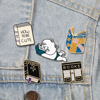 

Books Enamel Pins Reading Cat Brooch Cartoon Animal Reading Button Lapel Badge Comic Books Pins For Student Jewelry Gifts