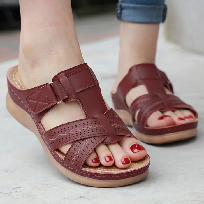 2022 Summer Women Premium Orthopedic Open Toe Sandals Vintage Anti-slip Breathable Leather Casual Female Platform Retro Shoes