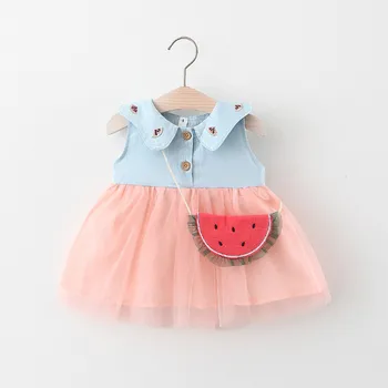 

Girls Dress Summer Infant Virgin Baby Washed Denim Puff Veil Princess Dress with Bags
