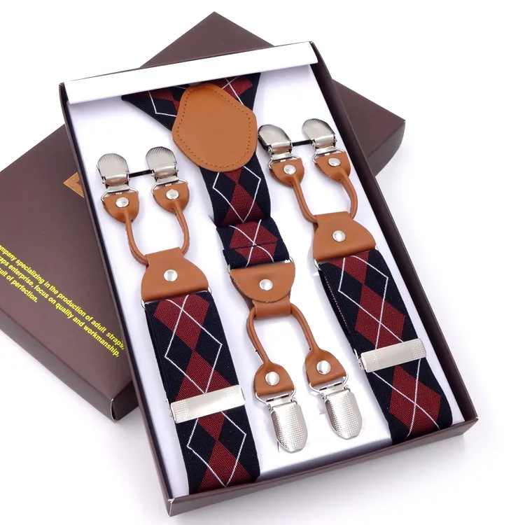 Male Shirt Suspenders Brown PU Leather 6 Clips Suspenders Western-style Trousers Man Braces Adjustable Suspenders Gift Box