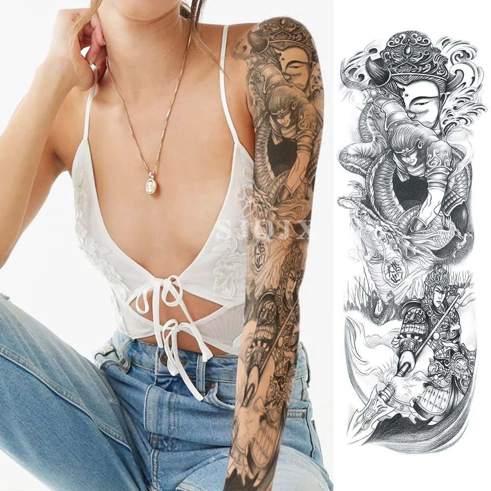 Temporary art body tattoo stickers watercolour immortal dragon flower figure animal cool black Full arm Waterproof fake tattoo - Цвет: A