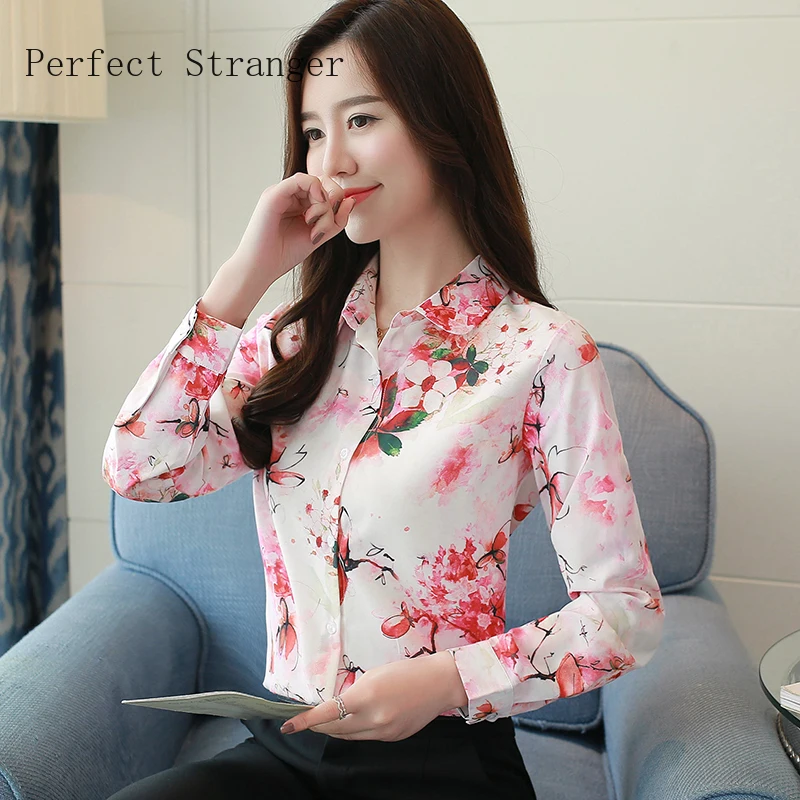 

2019 Autumn New Arrival Fashion Turn-down Collar Flower Printed Long Sleeve Woman Blouse