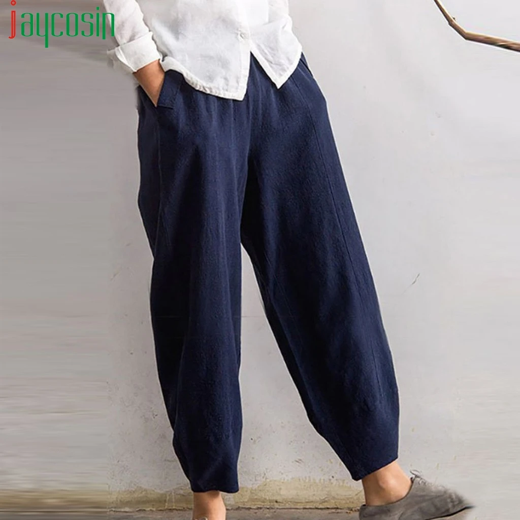 Women trousers cotton loose casual solid color high waist pants elastic band plus size running sports Ladies beach trouser | Женская