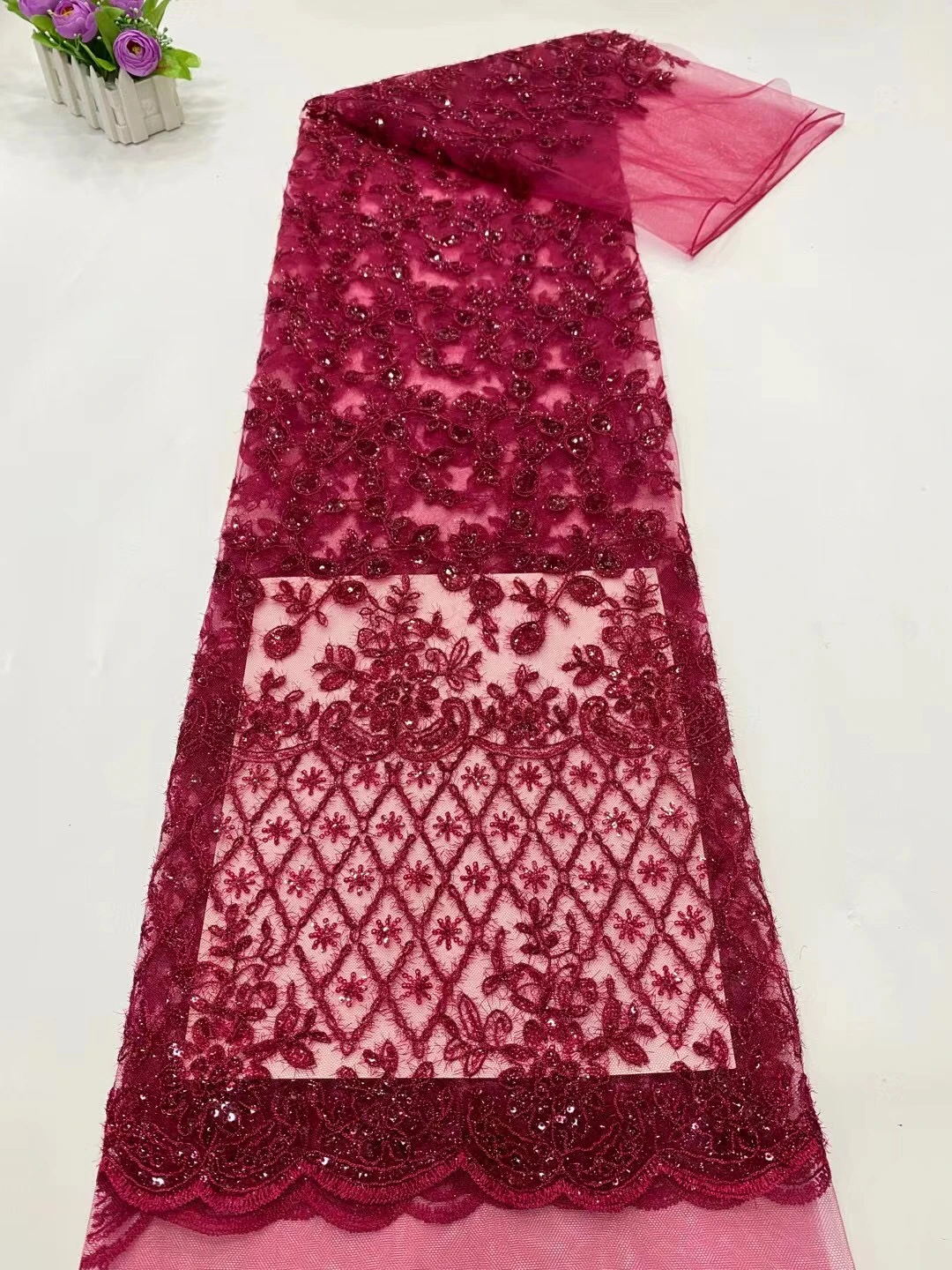 

2021 Latest Wine French Lace Fabric With Sequins High Quality Nigerian Mesh Lace Fabric African Lace for Wedding Party KDP21121