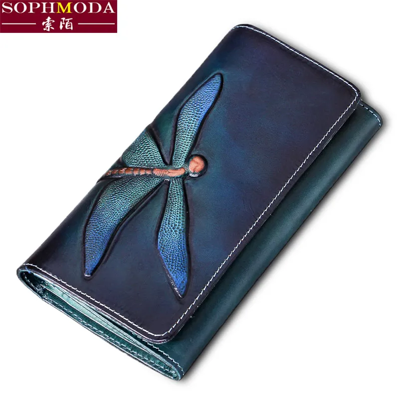 

Luxury Brand Ladies Handmade Wallet Female First Layer Dragonfly Leather Retro Wallet Female Leather Wallet Female Long Zipper