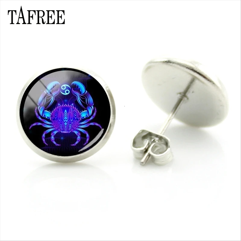 TAFREE 12 Constella Leo Virgo серьги-гвоздики стеклянные кабошон Знак зодиака серьги посеребренные для женщин детский подарок на день рождения XZ74