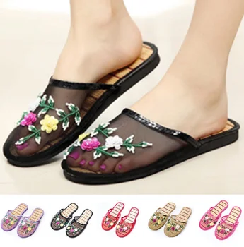 

Women Chinese Mesh Floral Sequins Slippers Slides Slip On Flats Flip Flop Loafers Sandals Summer Breathable 11 Colors B204