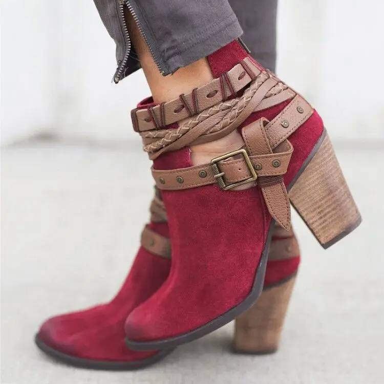 

Winter Shoes Women Boots High Heels Boots Female Winter Boots Rivet Buckle Women Booties PU Leather Women Ankle Boots Bota Women