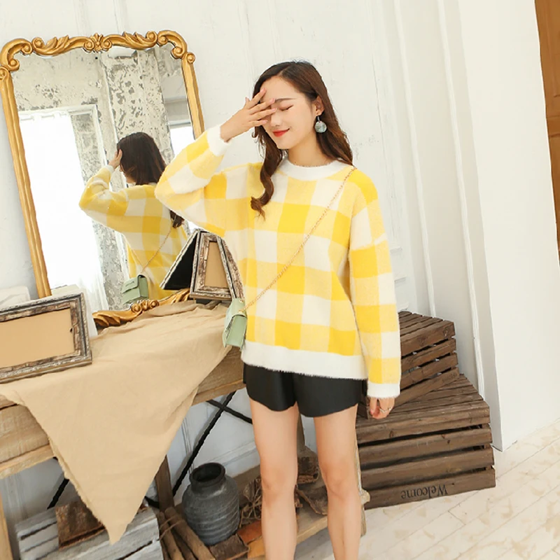 2019 Autumn Winter Thick Wool Sweater Women Round Neck Plaid Loose Pullover Casual O-Neck Long Sleeve Pink Gray Blue Green Top 2019 Autumn Winter Thick Wool Sweater Women Round Neck Plaid Loose Pullover Casual O-Neck Long Sleeve Pink Gray Blue Green Top