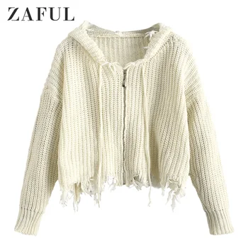 

ZAFUL Frayed Hooded Chunky Cardigan Zip Up Distressed Cardigan Drop Shoulder Elastic Solid Warm Sweaters