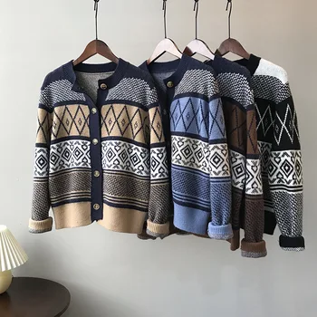 

MyZyQg Women Single Breasted Retro Cardigan Jacquard Knitted Jacket Casual Sweater Coat Korean Contrast Knitwear Slim Clothes