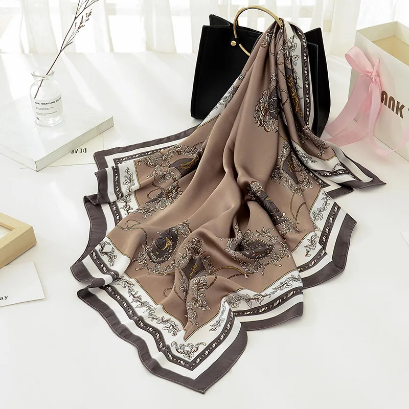 New Fashion Silk Color Floral Square Scarf 90*90cm Women Neck Hair Tie Band Bag Warp Soft Neckerchief Hijab Headscarf Foulard