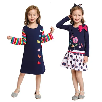 

VOGUEON Little Girls Casual Clothes Long Sleeve Flower Cotton T Shirt Dress Children Rainbow Butterfly Pattern Dress for 1-6T
