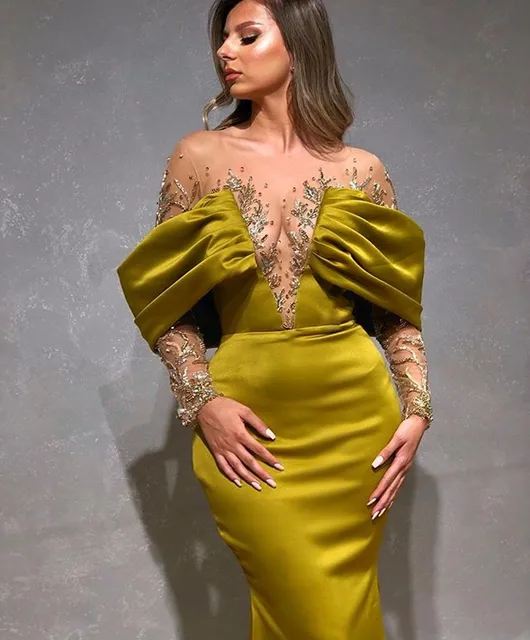 LORIE Elegant Mermaid Evening Dresses for Women Spandex Satin Beading Prom Party Gowns Long Sleeve Special Occasion Gowns 2021 3