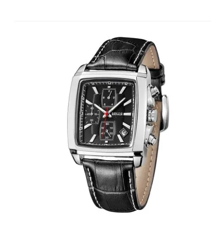 black band Glenaw Multifunctional Men Watches Leather Clock Square Male Watch Quartz Military Watches Men Chronograph Relogio Masculino - Color: black band