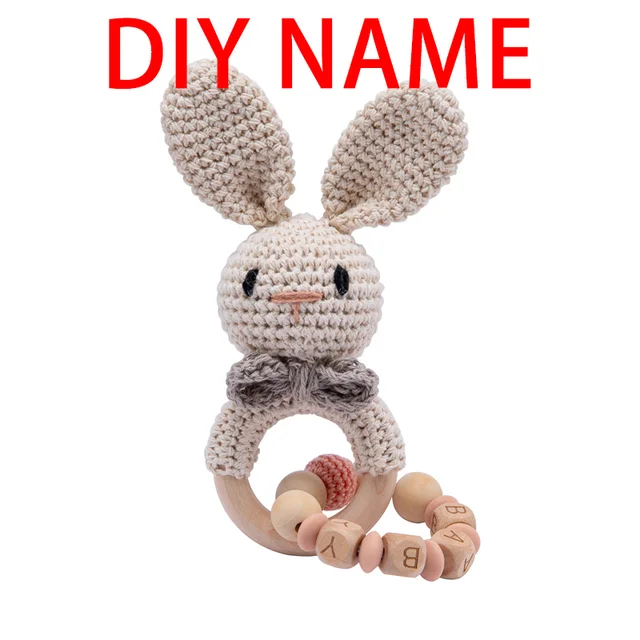 Bopoobo 1pc Baby Rattles Crochet Bunny Rattle Toy Wood Ring Baby Teether Rodent Baby Gym Mobile Rattles Newborn Educational Toys A Pink Bunny