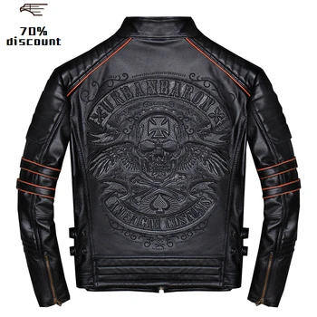

2020 Black Men Skulls Embroidery Slim Fit Biker's Leather Jacket Plus Size 4XL Real Cowhide Short Motorcycle Coat FREE SHIPPING