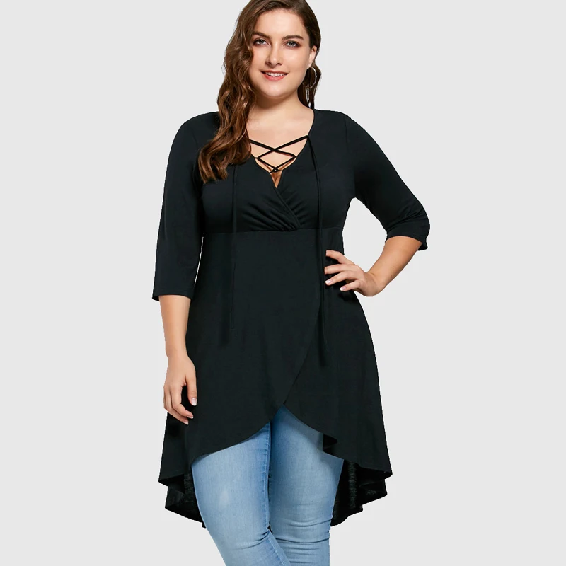 Wipalo Women Clothing Sexy V Neck Casual Long Spring Autumn Plus Size Lace Up High Low Hem Top Elegant Blusas Big XL 5XL|Футболки| |
