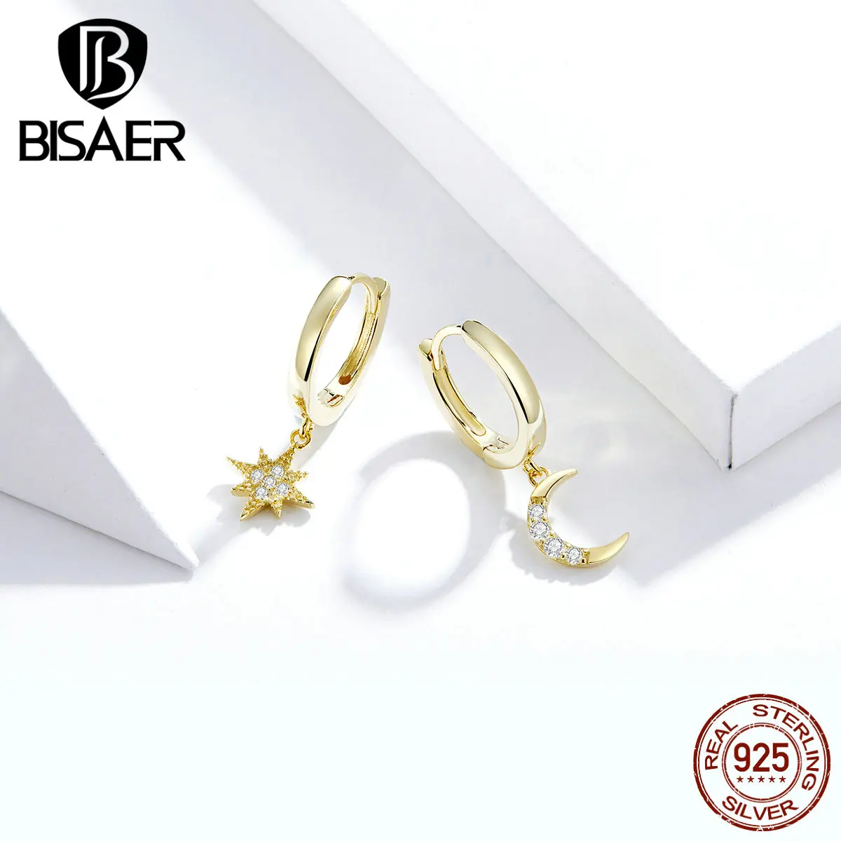 Серьги с Луной и звездой, BISAER, 925 пробы, серебряные, светящиеся, кубический циркон, Луна и звезда, женские серьги-гвоздики, ювелирное изделие, ECE785
