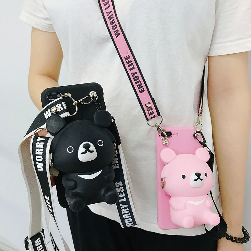 

3D Cute Cartoon Bear Wallet Soft Silicone Case For Samsung Galaxy 8 S9 S9PLUS A10 M10 Card wallet Anti-fall Lanyard Strap Cover