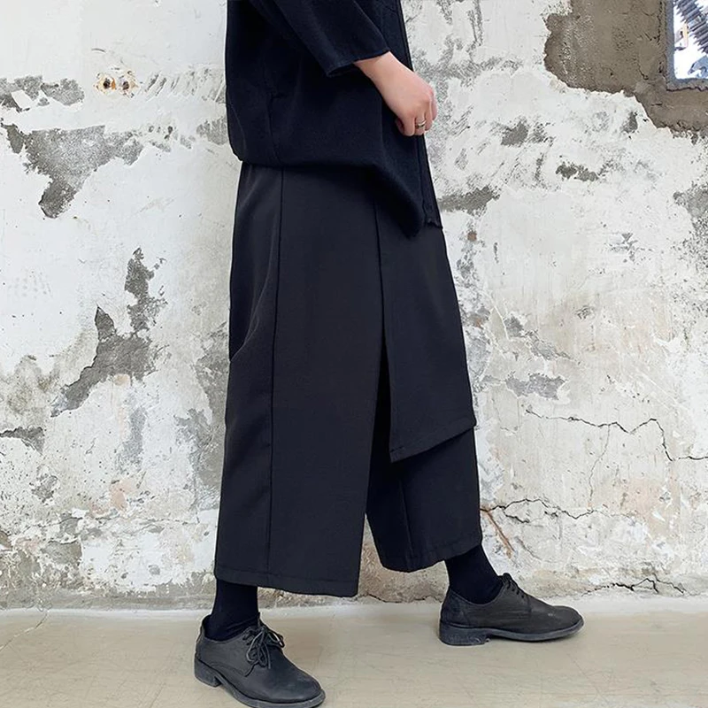 Men's pants spring/summer loose wide-leg pants slacks culottes for men fake two pieces of nine-minute pants plus size