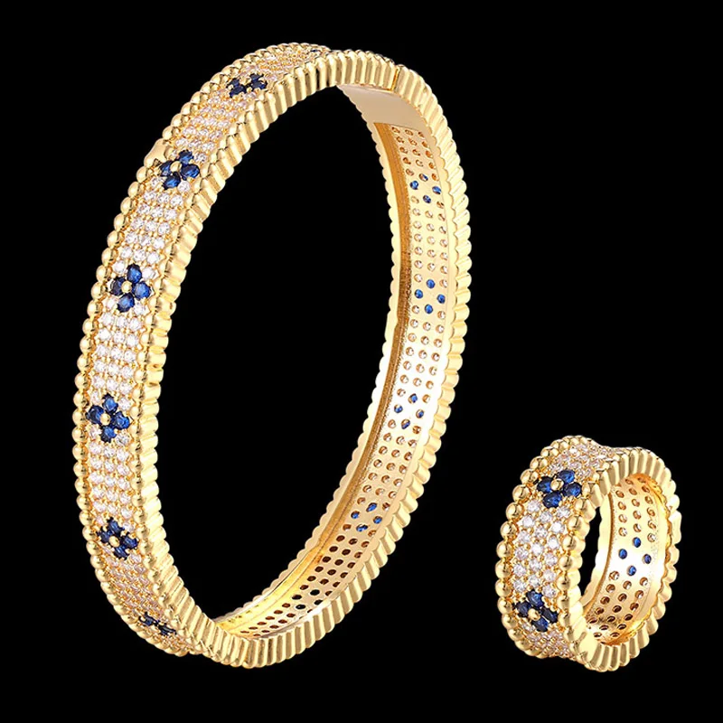 Zlxgirl, роскошный бренд, простой AAA кубический циркон, браслет и кольцо, ювелирный набор, свадебный браслет, Пара подарков, Сумка - Окраска металла: gold blue