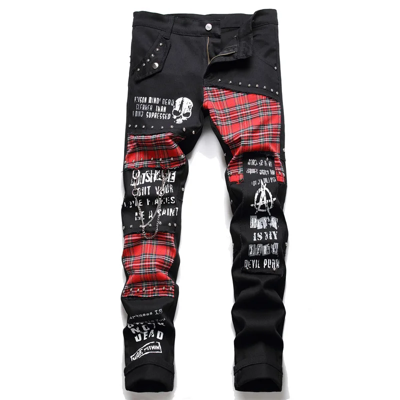 2021 Korean Fashion Red Plaid Patchwork Punk Rivet Men Slim Jeans Trousers Skull Letters Print Hip Hop Chain Denim Pants Spodnie