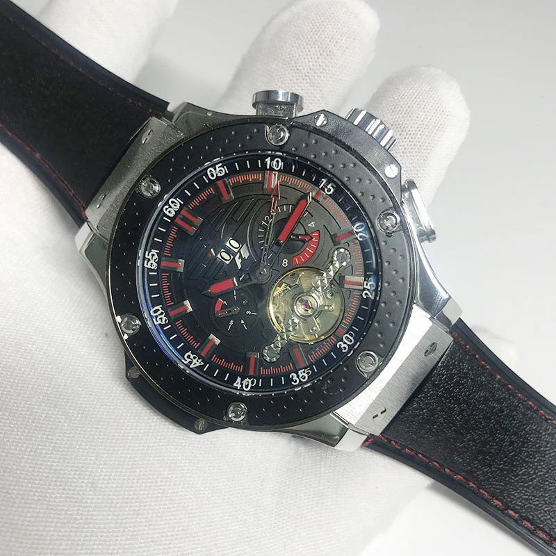 

New 3 types Mens skeleton watch black dial automatic self winding glide smooth second hand leather strap good quality watches