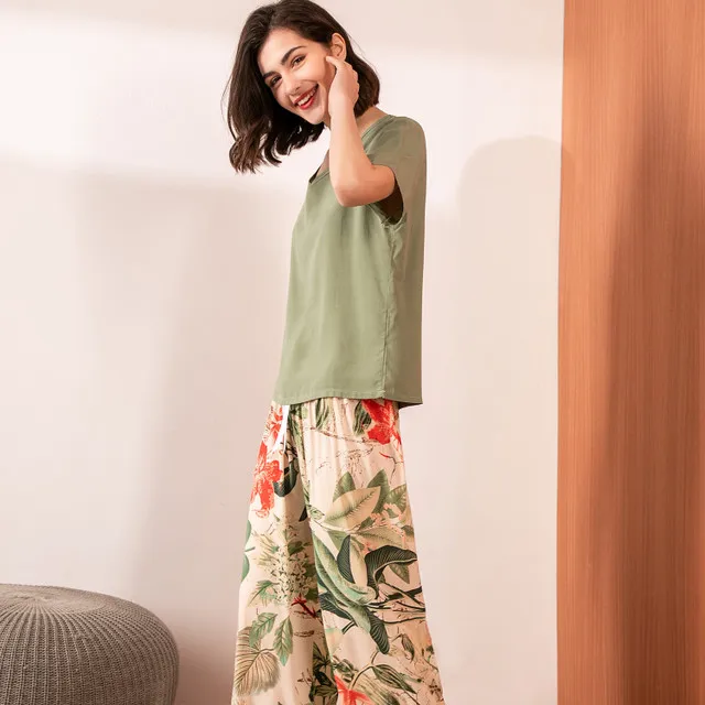 Breathable 2PCS Pajama Short Sleeve Printed Pijama Mujer Femme Loose Nightwear Suit Female Casual Homewear Pajama Set For Women E