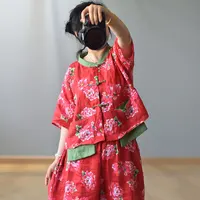 Women Loose Printed Linen Blouse Female Single Breasted Shirt Tops Female Vintage Flax Shirts 2020 Summer 1