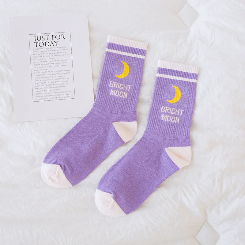 Bright Moon Cotton Socks Korean Harajuku English Letter Chaussette Femme Funny Socks Hip Hop Skateboard Crew Sokken