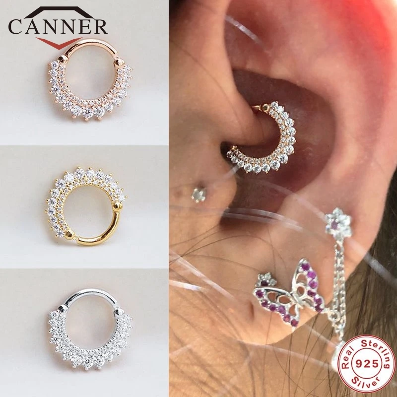 

CANNER 925 Sterling Silver Hoop Earrings for Women Zircon Round Nose Piercing Cartilage Earrings Earings Jewelry pendientes 1pc