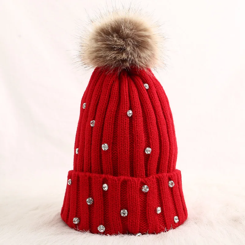 Новинка, вязанные женские шапочки, шапка с меховым помпоном, с блестками, с жемчугом, зимняя шапка для женщин и девушек, сохраняющая тепло, шапка с помпоном, шапка с помпоном - Цвет: Red