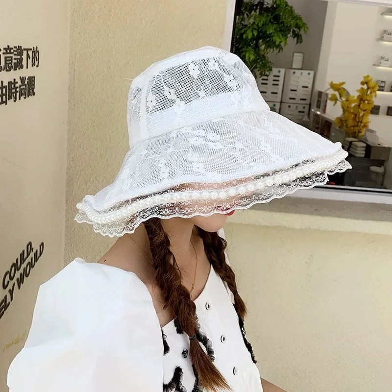 

OMEA Lace Pearl Bucket Hat Women Embroidery Luxury Floral Summer Beach Visor Wide Brim Lolita Elegant Casual Sun Hat Wholesale