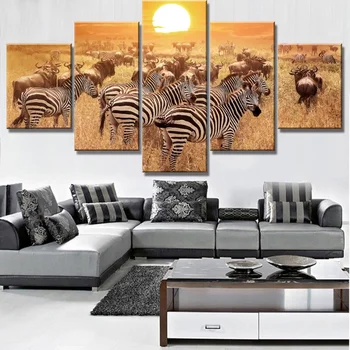 

Wallpaper Canvas Painting 5 Panel HD Print Large Cow Zebras Sunset Poster Landscape Home Decor For Living Room