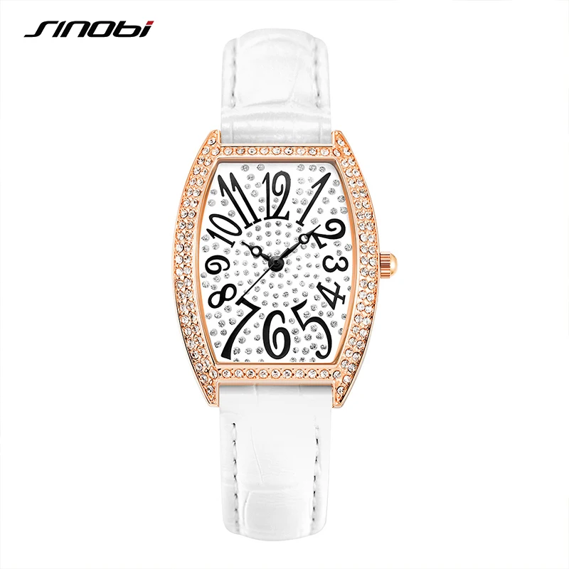 SINOBI Fashion Diamond Woman Watches White Strap Women Watches New Design Elegant Quartz Wristwatches Ladies Luxury Clock Gift