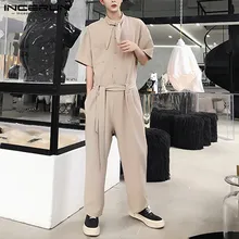 INCERUN, модные мужские комбинезоны-карго, комбинезон для бега с коротким рукавом, свободные однотонные уличные штаны, мужские повседневные Комбинезоны с поясом