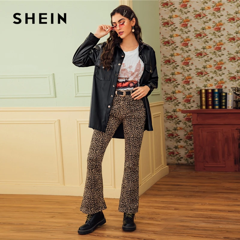New  SHEIN Black Dual Pocket Button Front Belted Casual PU Coat Women 2019 Autumn Streetwear Faux Leathe