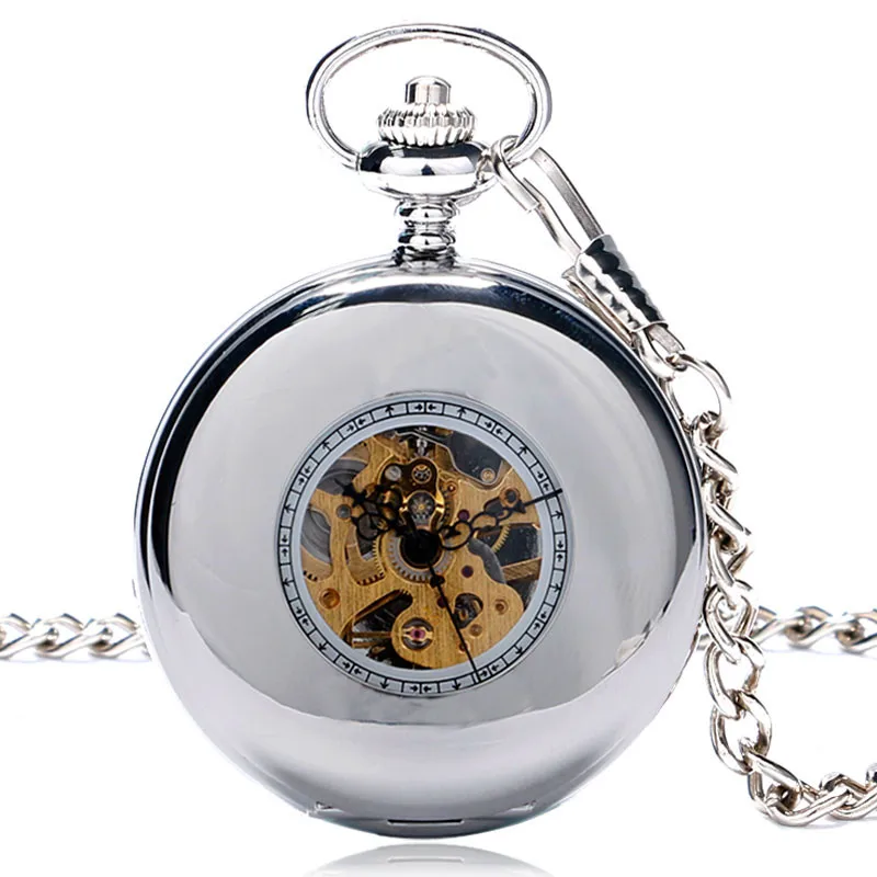 Silver Smooth Half Hunter Case Roman Numerals Display Unisex Handwinding Mechanical Pocket Watch Skeleton Pendant Chain Clock