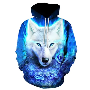 

2019 new Blue rose Wolf Hoodies Men 3D Sweatshirts Harajuku Hoody Quality Pullover Streatwear Tracksuits hip hop tops