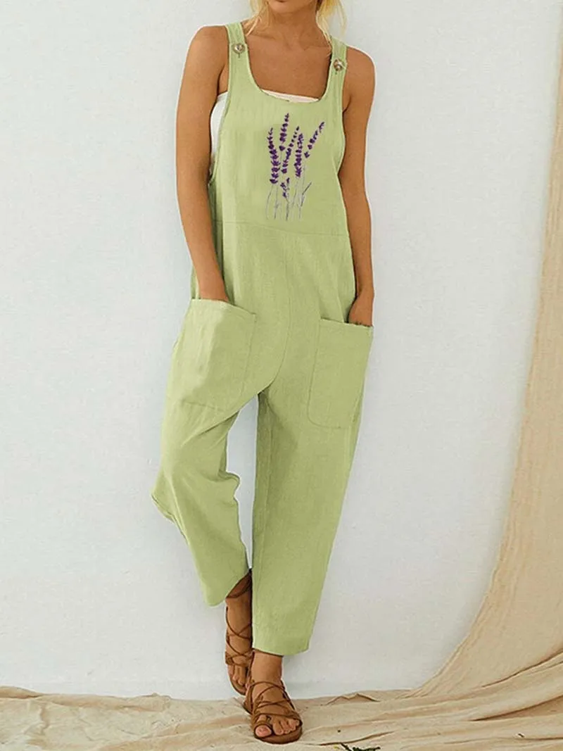 Womens Dungarees Print Rompers 2021 Summer New Ladies Casual Loose Linen Cotton Jumpsuit Sleeveless Pocket Overalls Playsuit