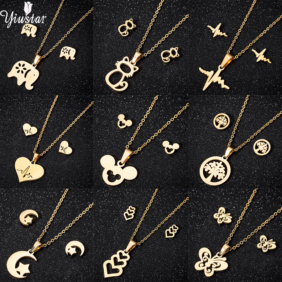 

Stainless Steel Animal earrings and necklace set For Women Elephant Heart Flower Jewelry Set Wedding Jewelry gift for girl