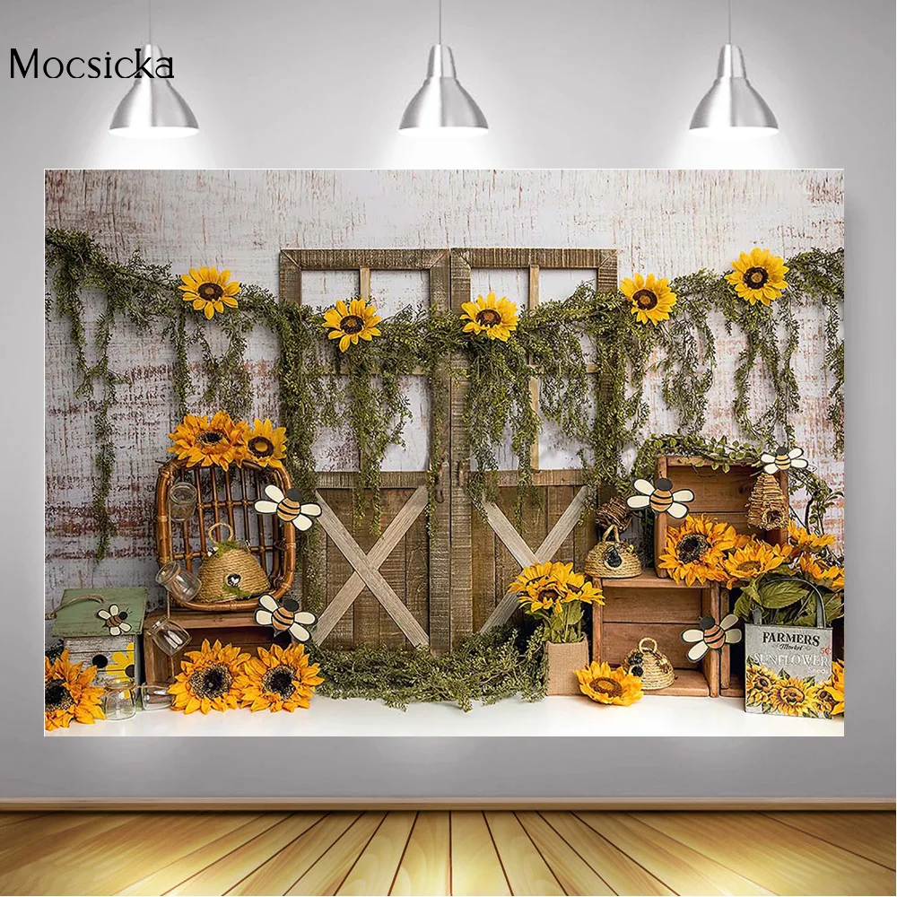 Sunflowers Retro Wooden Door Photography Backdrop Newborn Baby Little Bee Birthday Cake Smah Background Honey Photo Studio | Электроника