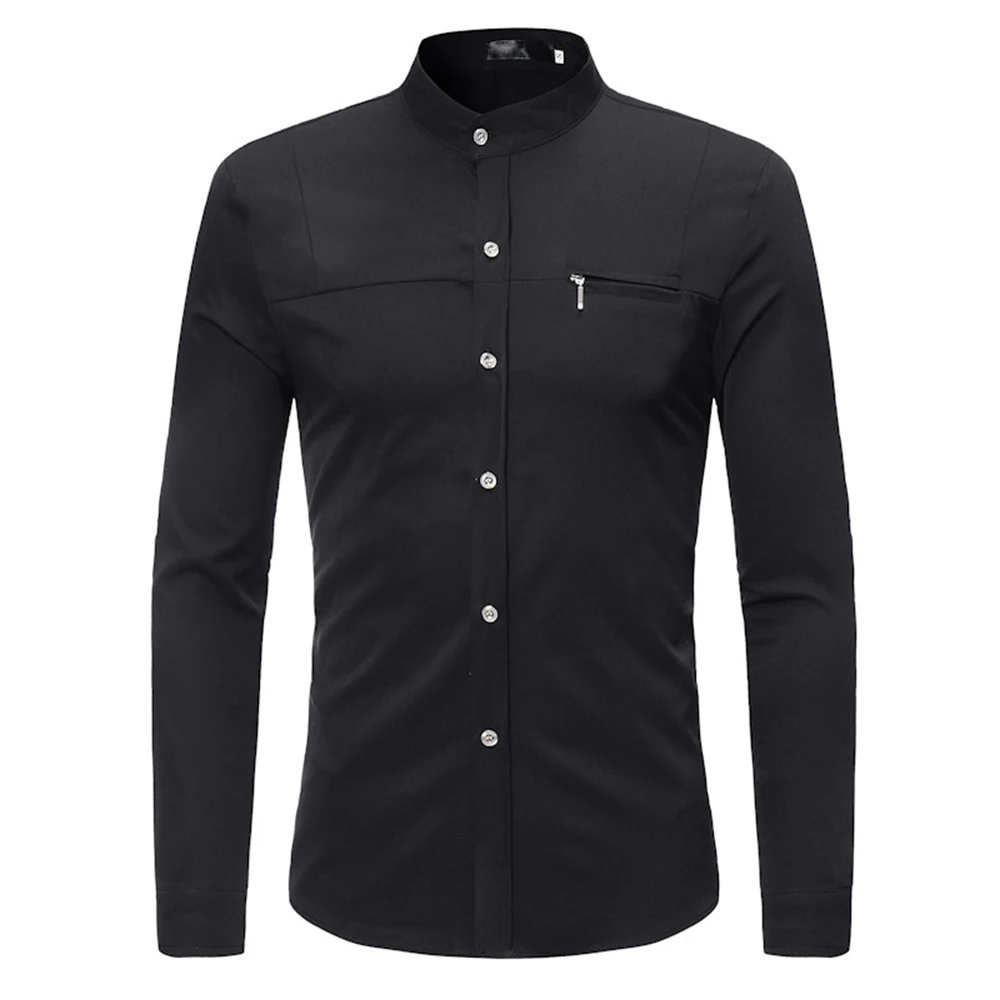 Male Autumn Shirt Long Sleeve Turn-down Collar Tops Fashion Zipper Boy Club Blusa High Quality Men Shirts Solid Color Party Wear - Цвет: Black