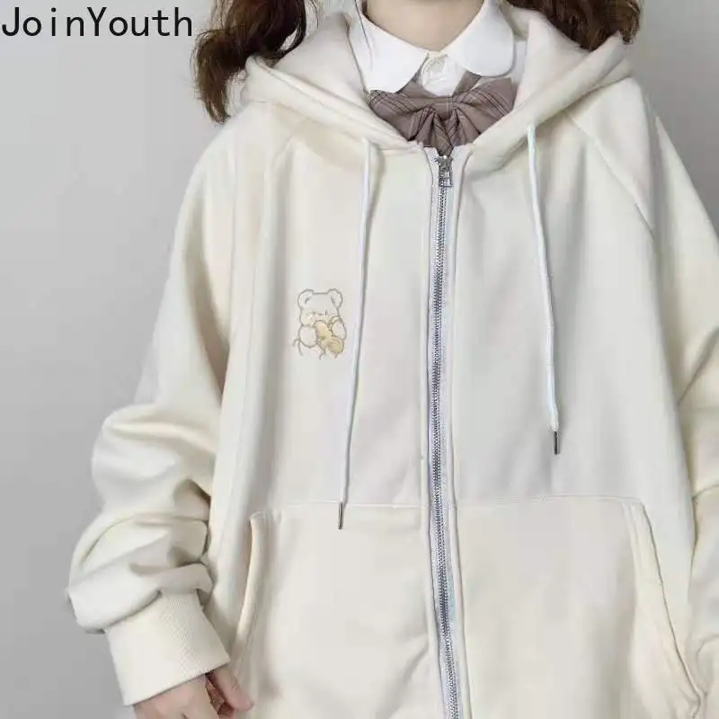 Joinyouth-Sudadera Harajuku bordada para mujer, abrigos de gran tamaño con capucha, chaquetas con cremallera, moda informal, Sudadera con capucha