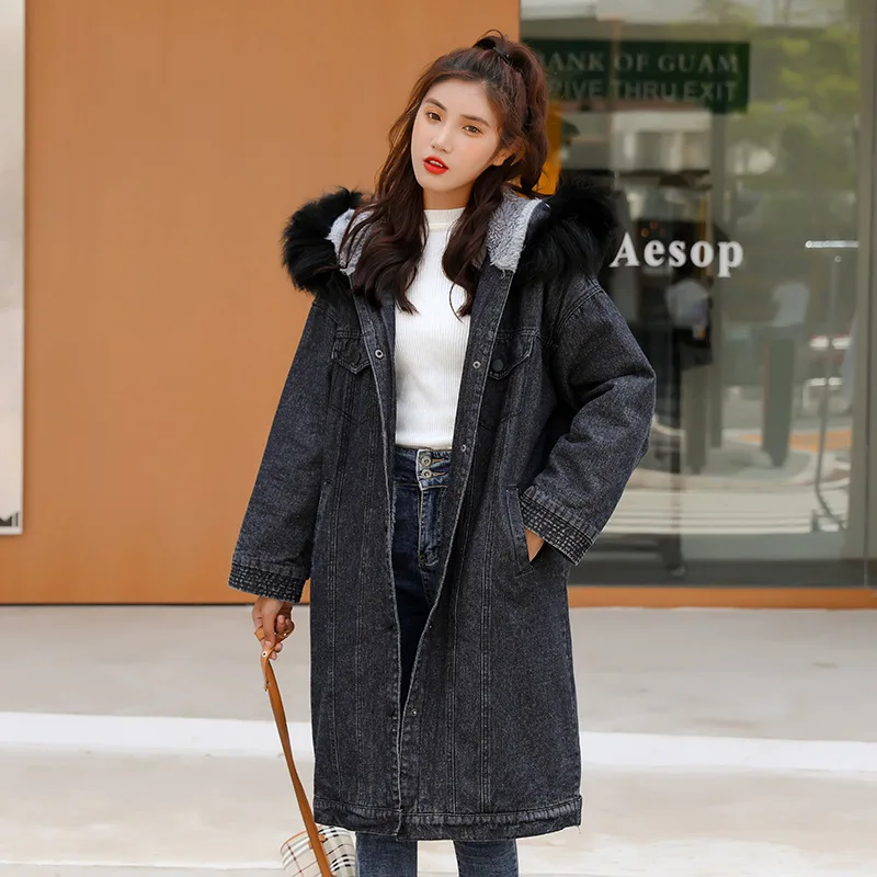 

2019 Autumn & Winter New Style Jacket Hooded Genuine Fur Collar Mid-length Cowboy Lambs Wool Cotton-padded Clothes Cotton Coat